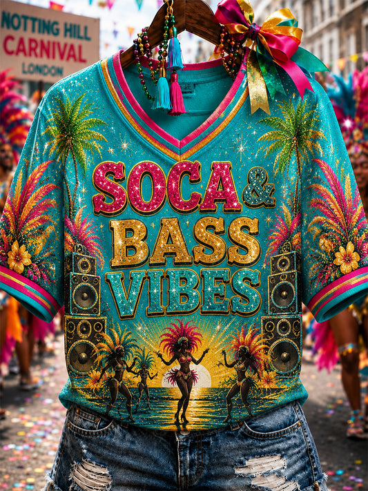 Women's Caribbean Carnival Print Casual V-Neck Tee