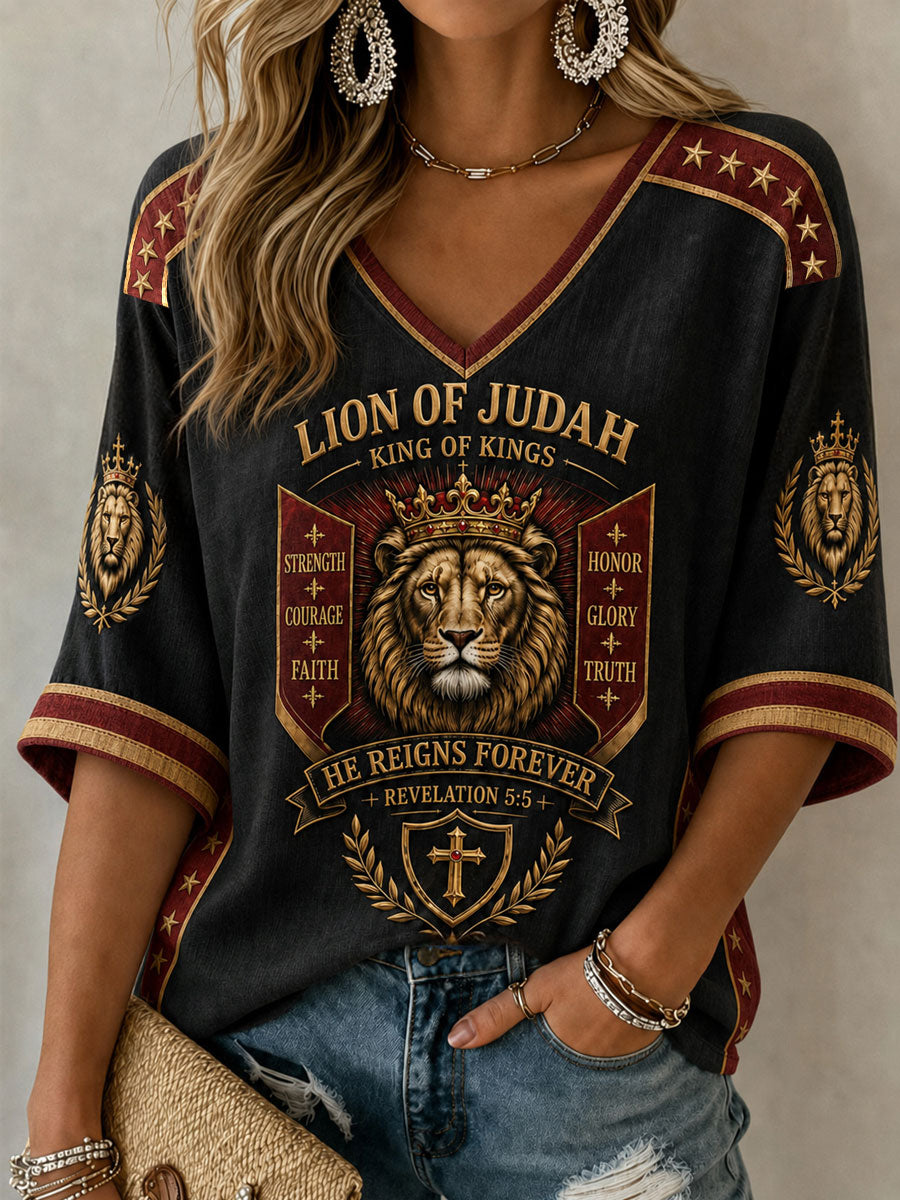 Women's Christian Lion of Judah Art  Mid-length Sleeves V-Neck T-Shirt