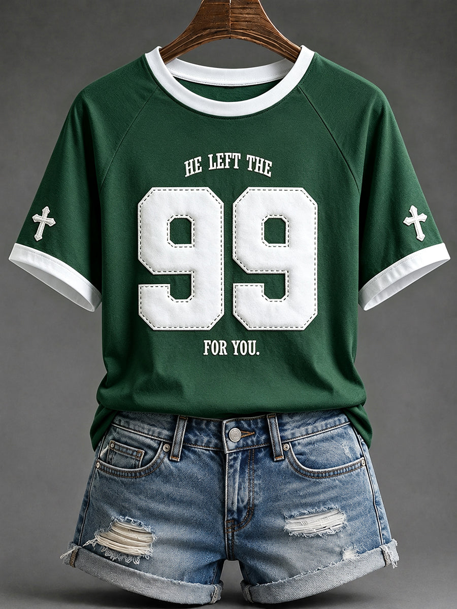 Women's He Left The 99 Faith Cross Print Round Neck Short Sleeve T-shirt