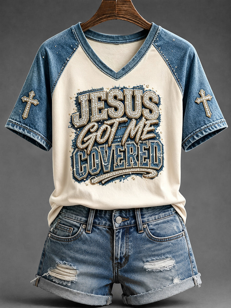 Women's Jesus Got Me Covered Christian Faith Print V-neck Short-sleeved T-shirt
