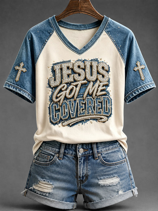Women's Jesus Got Me Covered Christian Faith Print V-neck Short-sleeved T-shirt