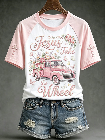 Women's faith-themed fun slogan pattern printed casual short-sleeve T-shirt