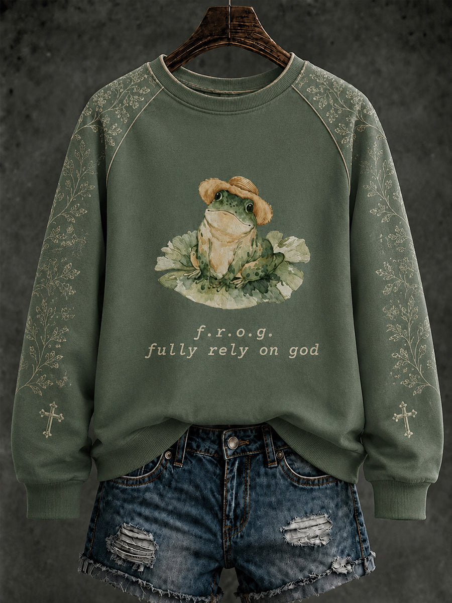 Women's Christian Fully Rely on God Frog  Regular Sweatshirt