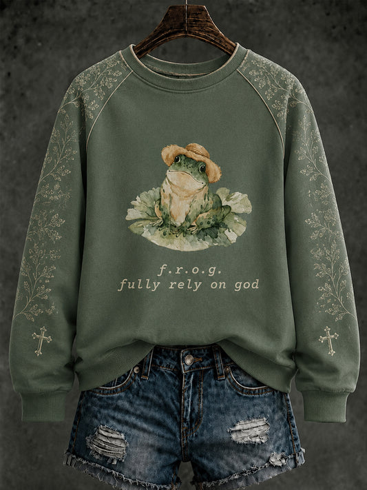 Women's Christian Fully Rely on God Frog  Regular Sweatshirt