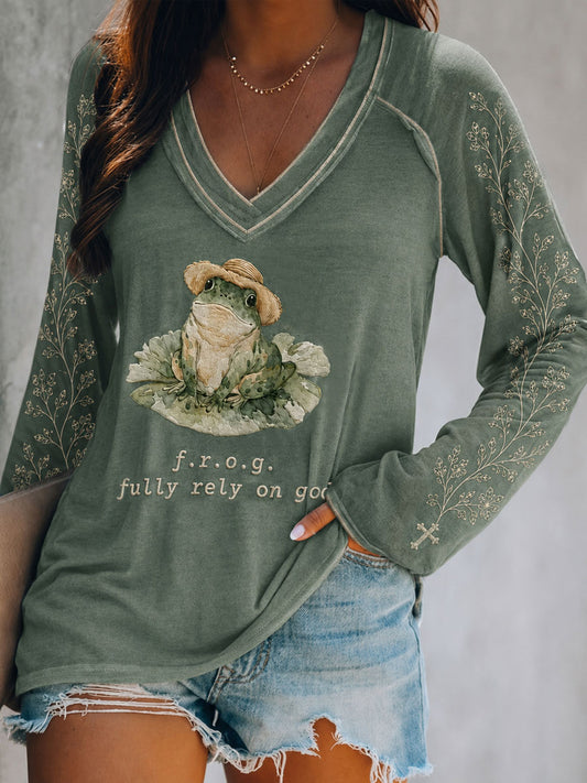 Women's Christian Fully Rely on God Frog Double Layer Neck Long Sleeve T-Shirt