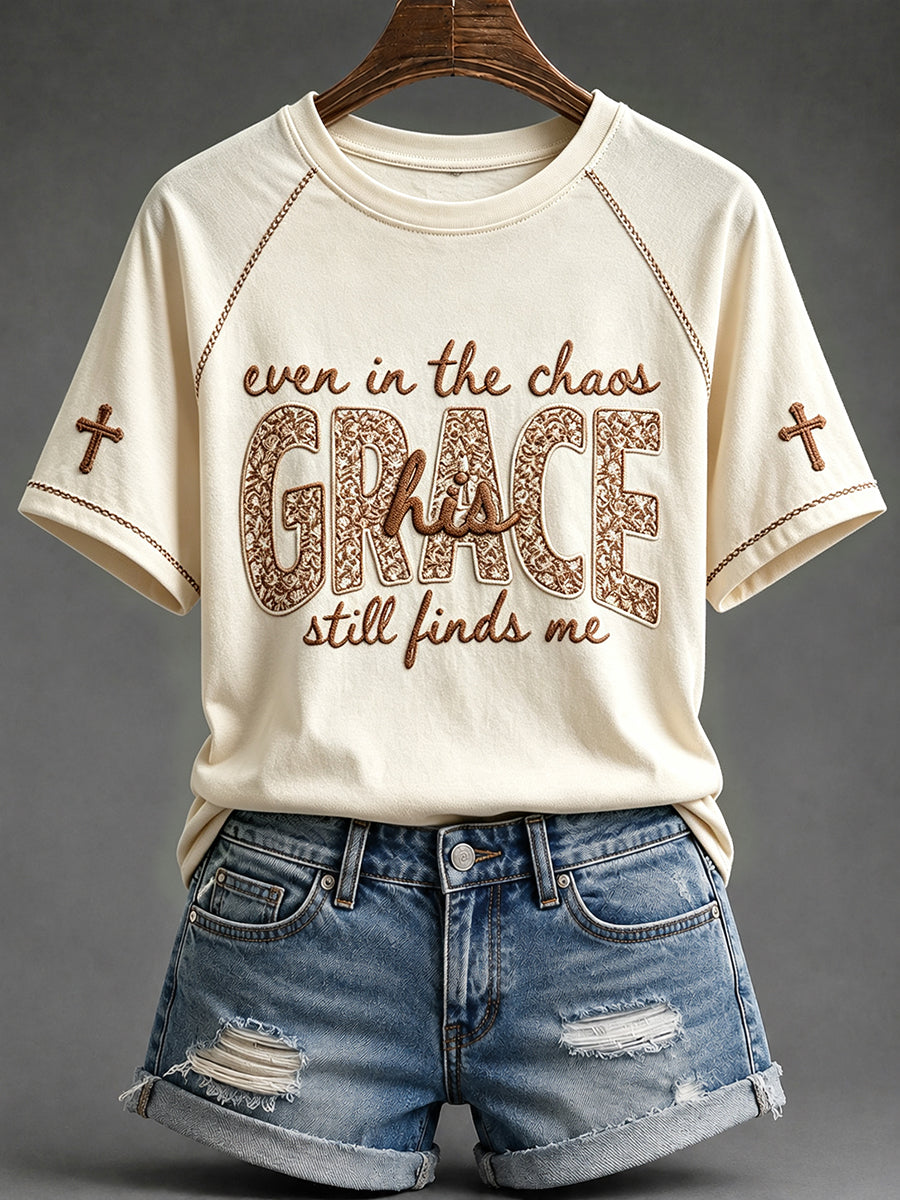 Women's His Grace Still Finds Me Christian Faith Floral Print Round Neck Short Sleeve T-shirt