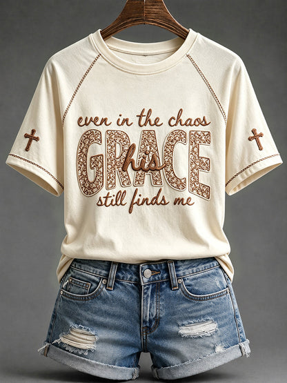 Women's His Grace Still Finds Me Christian Faith Floral Print Round Neck Short Sleeve T-shirt