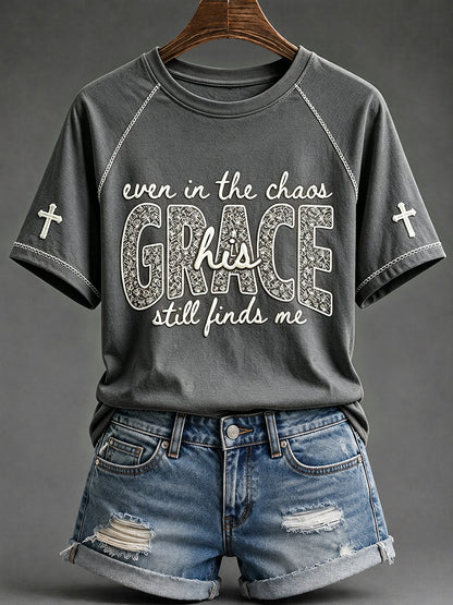 Women's His Grace Still Finds Me Christian Faith Floral Print Round Neck Short Sleeve T-shirt