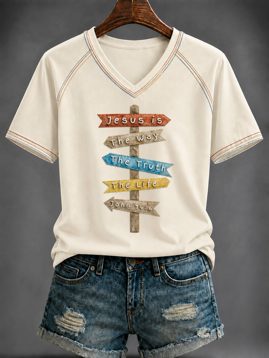 Women's The way The Truth The Life  printed V-neck off-shoulder short-sleeved T-shirt