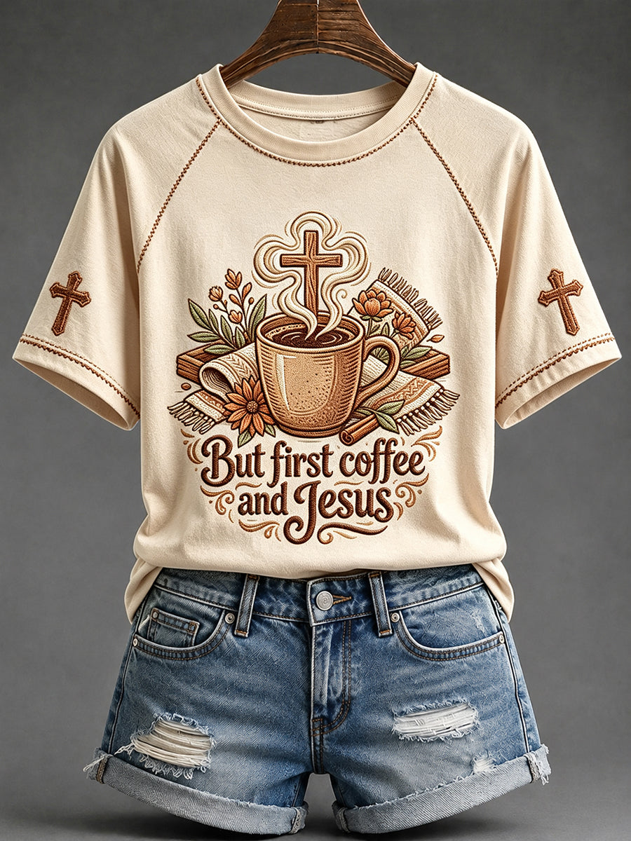 Women's Christian Coffee Print Round Neck Short Sleeve T-shirt