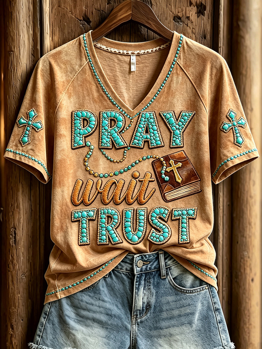 Women's Western Pray Wait Trust Print V-neck Short-sleeved T-shirt