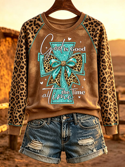 Women's God Is Good Western Faith Cross Print Raglan Sleeve Sweatshirt