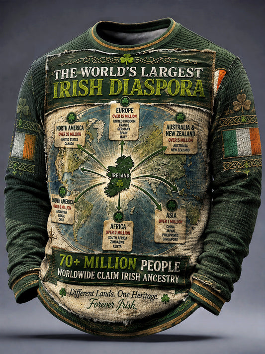 Retro Green Irish Traditional Culture Print Casual Long-Sleeved T-shirt