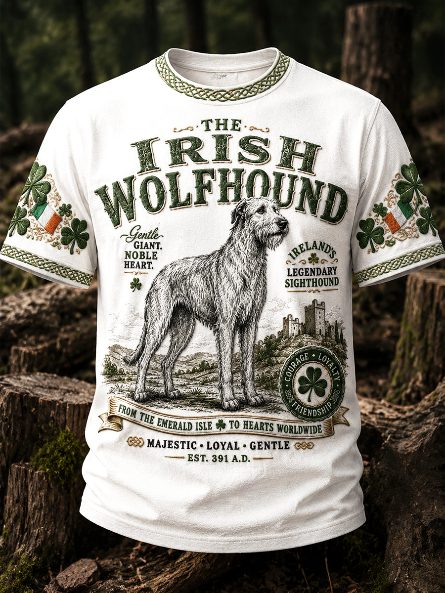 White Irish Traditional Dog Print Casual T-shirt