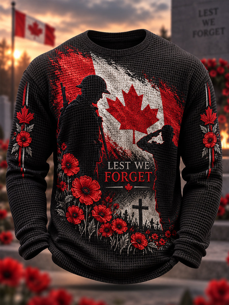 Men's Lest We Forget Canada Remembrance Day Poppy Print Waffle Long Sleeve T-Shirt