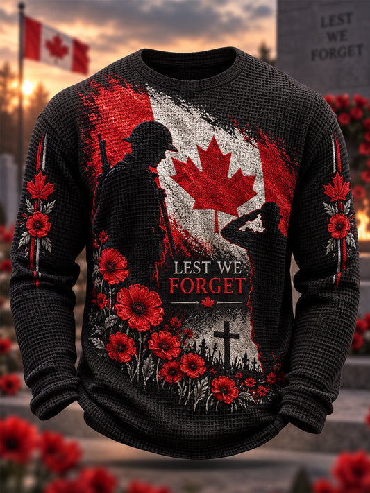 Men's Lest We Forget Canada Remembrance Day Poppy Print Waffle Long Sleeve T-Shirt