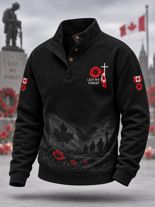 Men's Lest We Forget Canada Remembrance Day Print Buttons Hoodie