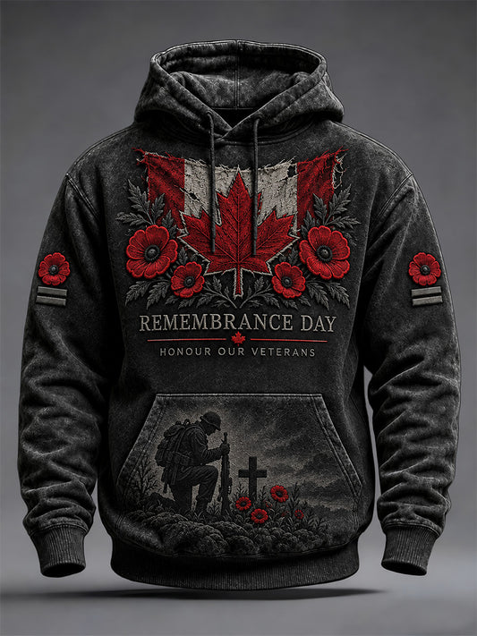 Men's Lest We Forget Canada Remembrance Day Poppy Print Oversized Drop-Shoulder Hoodie With Pockets