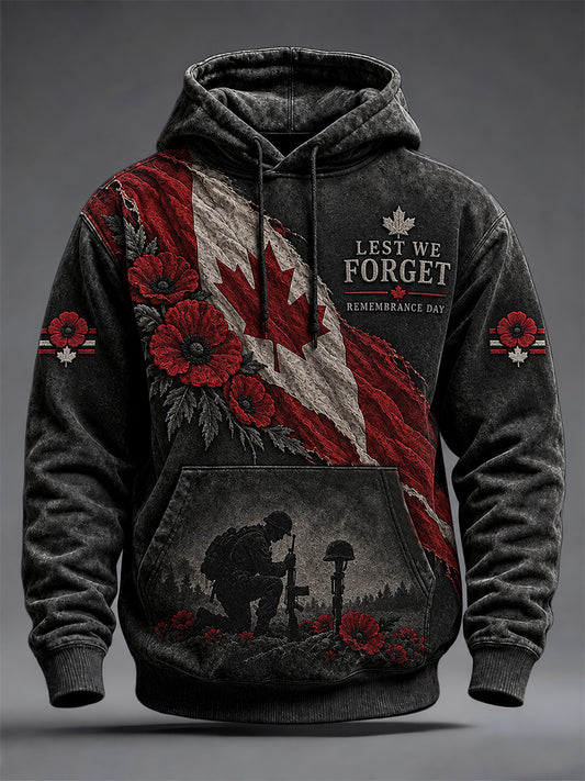 Men's Lest We Forget Canada Remembrance Day Poppy Print Oversized Drop-Shoulder Hoodie With Pockets