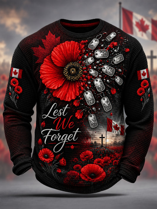 Men's Lest We Forget Canada Remembrance Day Poppy Print Waffle Long Sleeve T-Shirt
