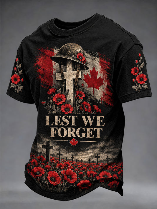 Men's Lest We Forget Canada Remembrance Day Print V-neck Short Sleeve T-shirt