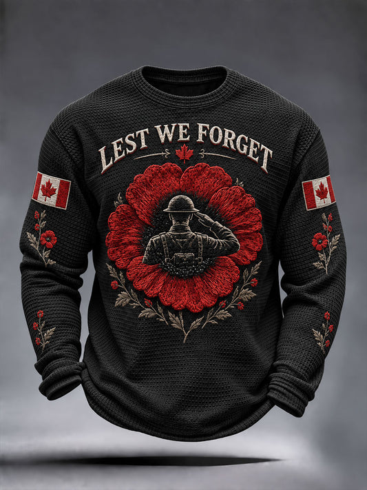 Men's Lest We Forget Canada Remembrance Day Poppy Print Waffle Long Sleeve T-Shirt