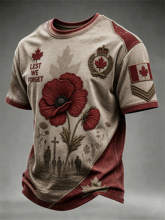 Men's Canada We Will Remember Flower & Cross Print Memorial short sleeves t-shirt