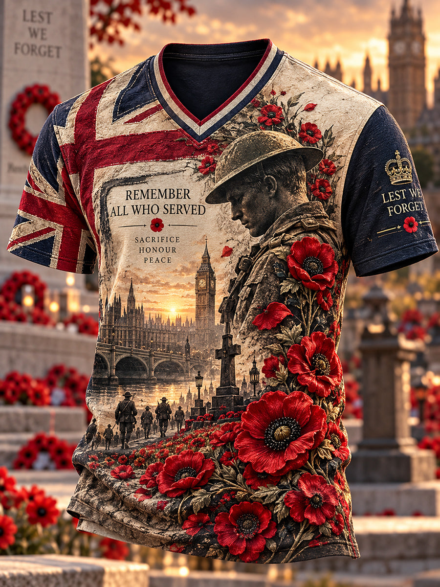 Men's British Remembrance Day Printed V-neck T-shirt