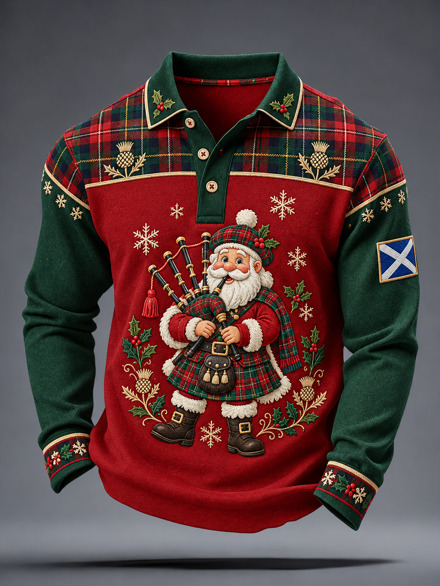 Men's Scottish Christmas Printed long sleeve polo