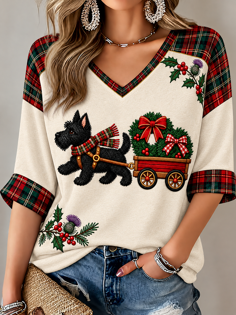 Women's Scottish Christmas Printed Mid-length Sleeves V-Neck T-Shirt