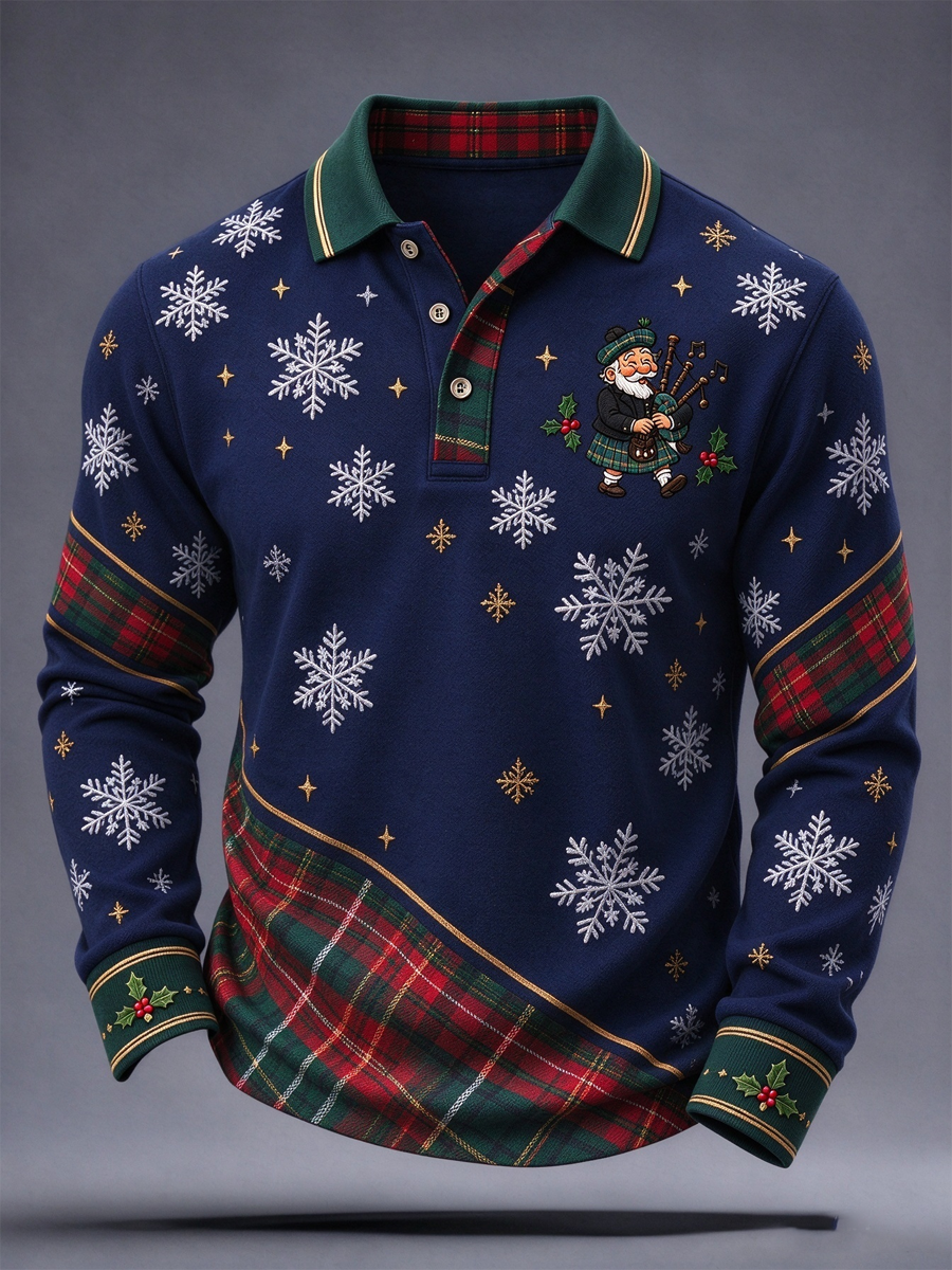 Men's Scottish Christmas Printed long sleeve polo